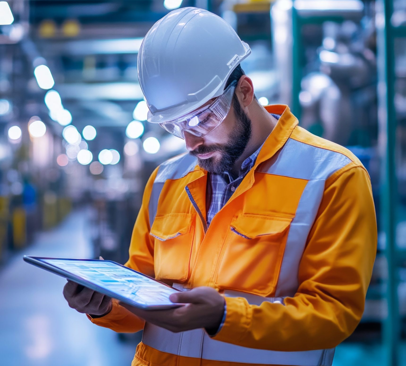 Industrial engineer in high-visibility gear and hardhat uses a digital tablet for inspection in a factory setting, surrounded by machinery. the scene highlights modern technology and safety practices in manufacturing environments.